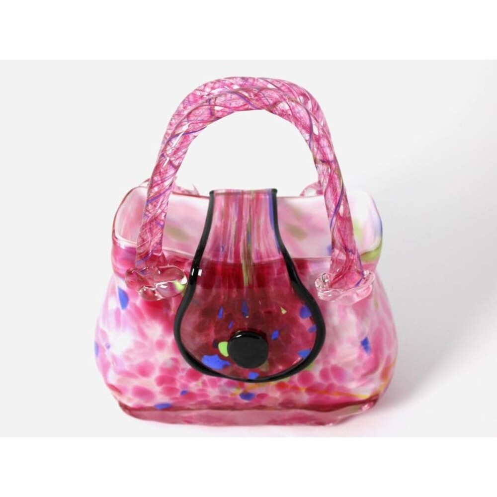 Vintage Pink Murano Style Art Glass Purse Vase Twisted Handle Multicolor